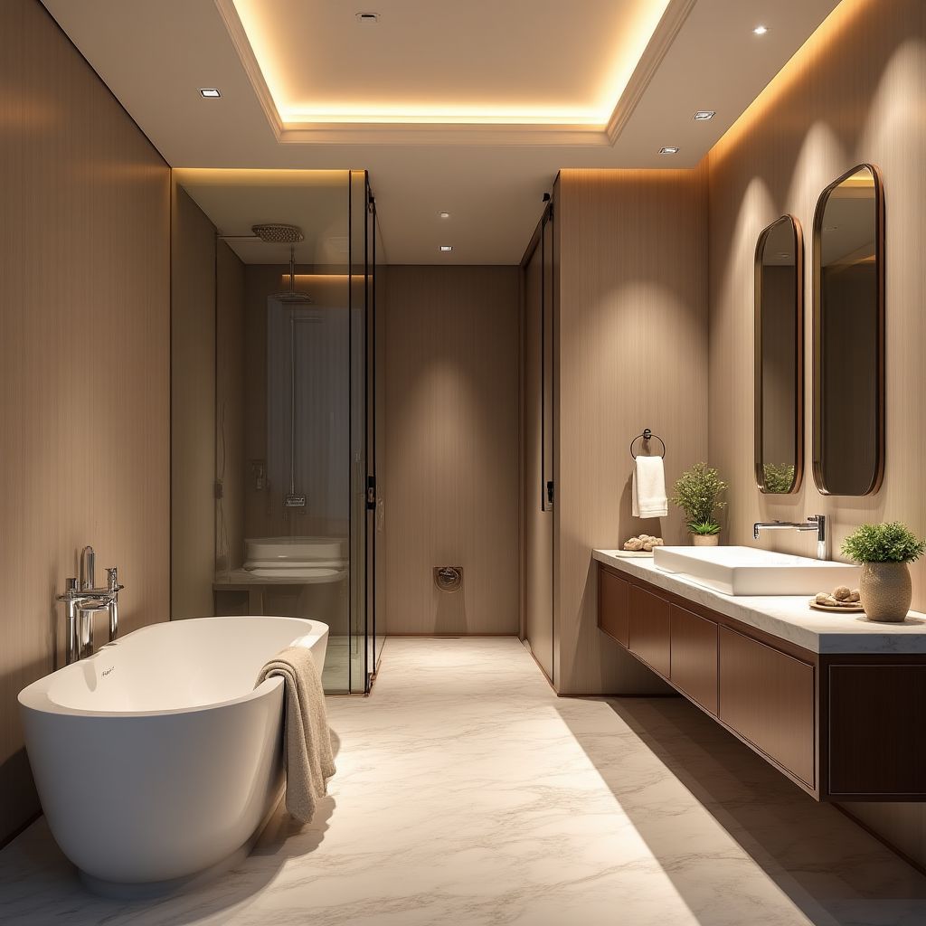 Designerska łazienka z wolnostojącą wanną